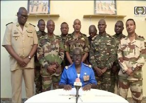 Niger Army spokesman Colonel Major Amadou Adramane speaks during an appearance on national television