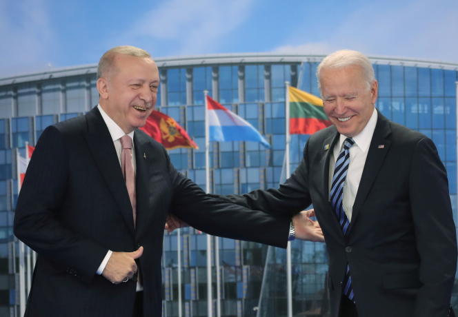 FILE PHOTO: Turkish President Erdogan meets with U.S. President Biden in Brussels