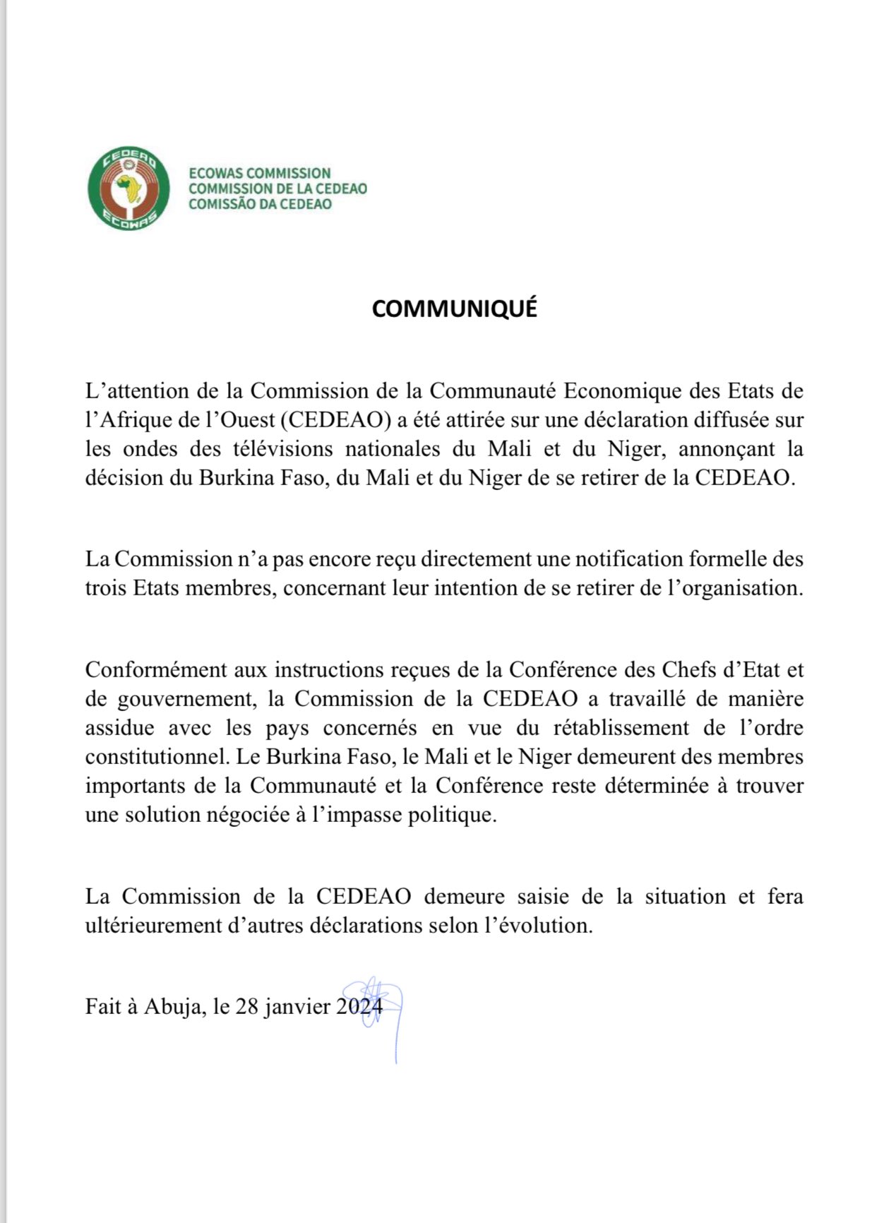 La CEDEAO contredit le retrait du Burkina,du Mali et Niger