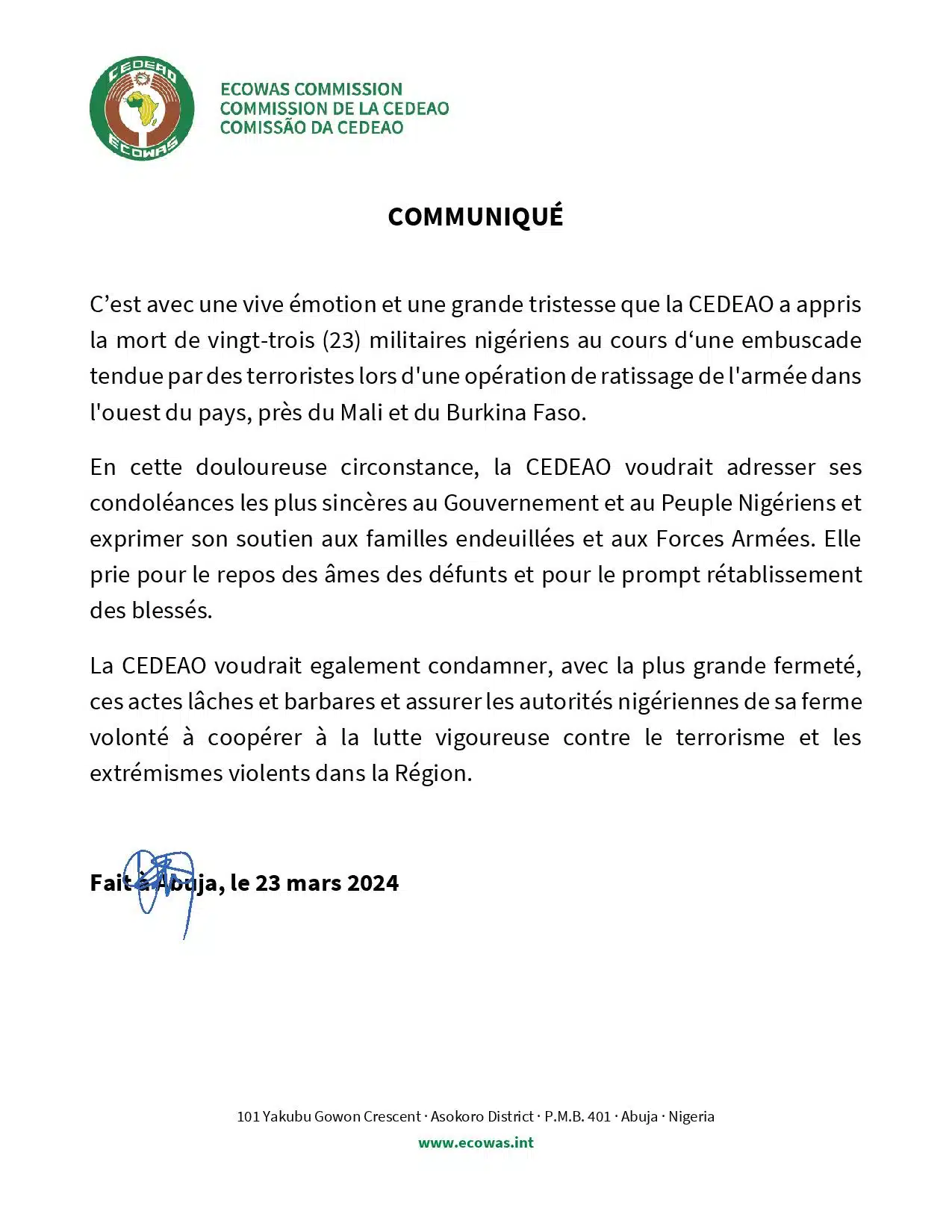 La CEDEAO exprime sa solidarité au Niger et sa volonté d’une coopération dans la lutte contre le terrorisme